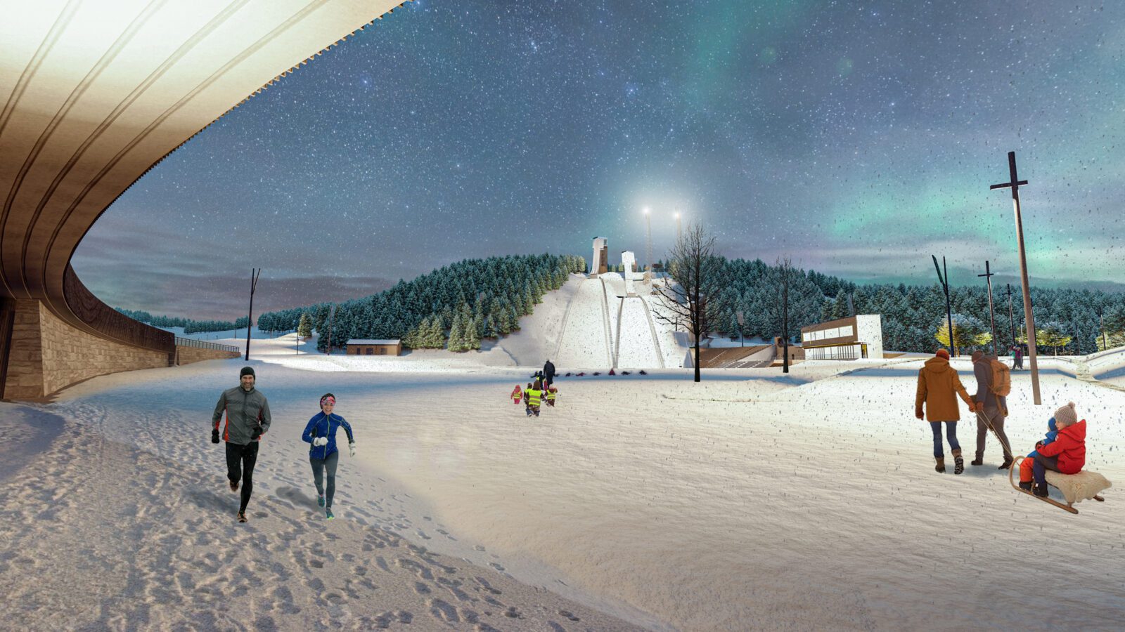 Granåsen skiarena. Snø, noen som løper, noen på akebrett.