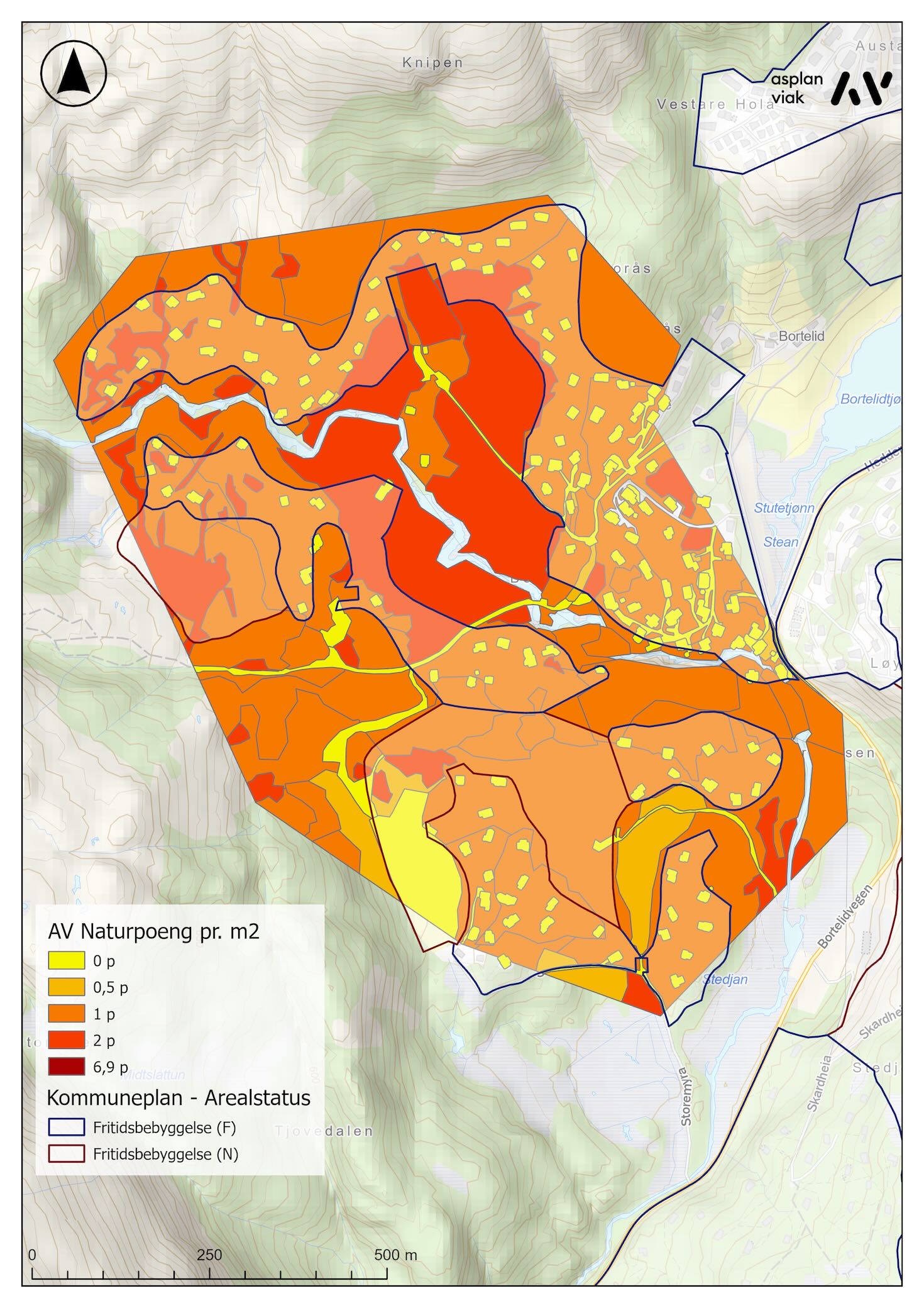 Kart som viser arealpoeng for Bortelid (ill: Berge)