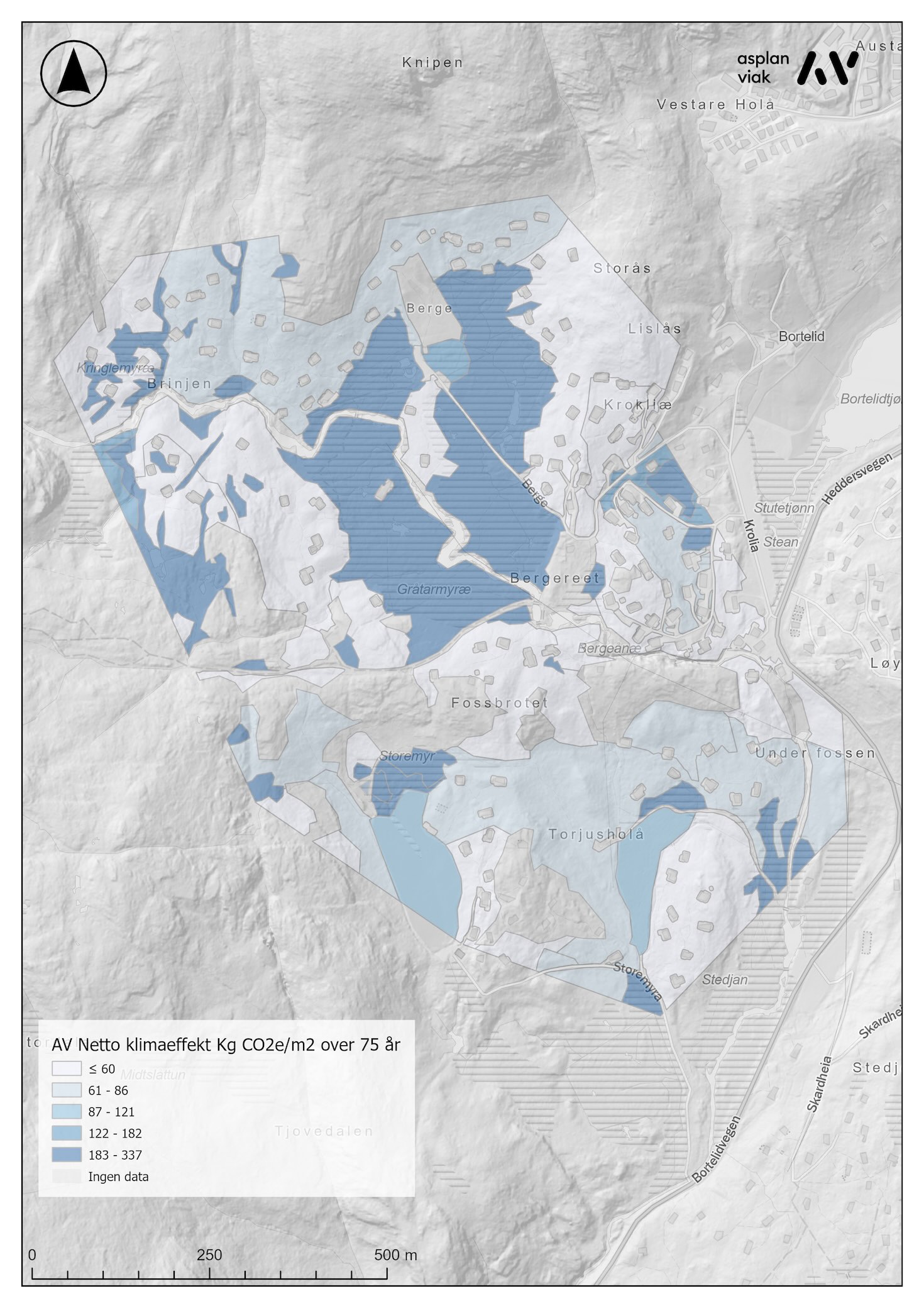 Kart som viser netto klimaeffekt kg CO2e m2 over 75 år (ill: Berge)