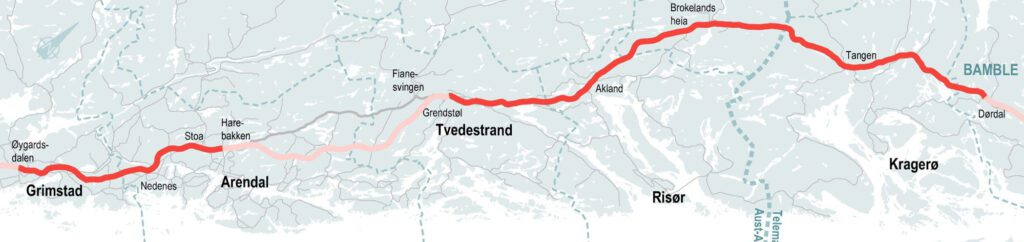 Kart med oversikt over planlagt vegstrekning. Dørdal - Grimstad uthevet i rødt. (Ill: Nye Veier)