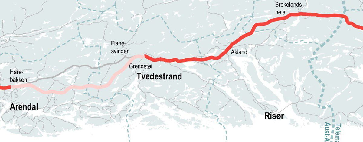 Kart med oversikt over planlagt vegstrekning. Dørdal - Grimstad uthevet i rødt. (Ill: Nye Veier)