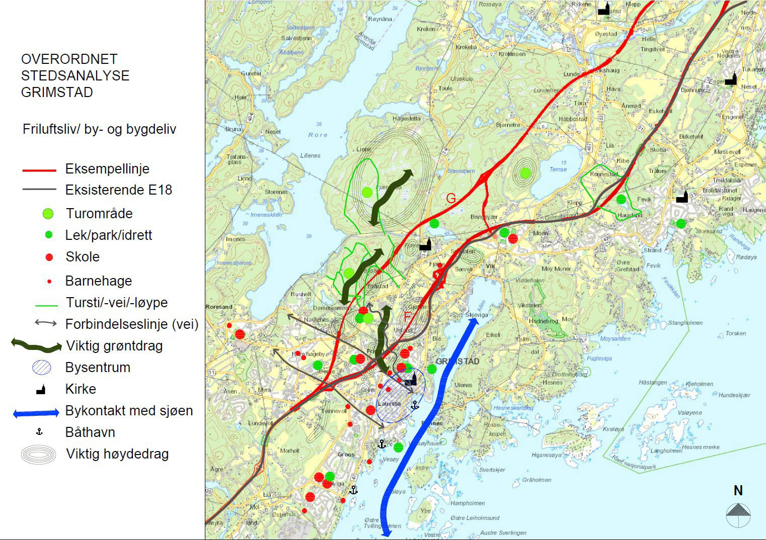 Overordnet stedsanalyse for Grimstad gjennomført i prosjektet. (Ill: Nye Veier, Rambøll, Asplan Viak)