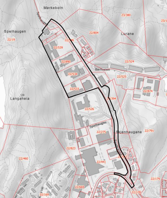 Planområdet med svart heltrukken linje, Spelhaugen nord.